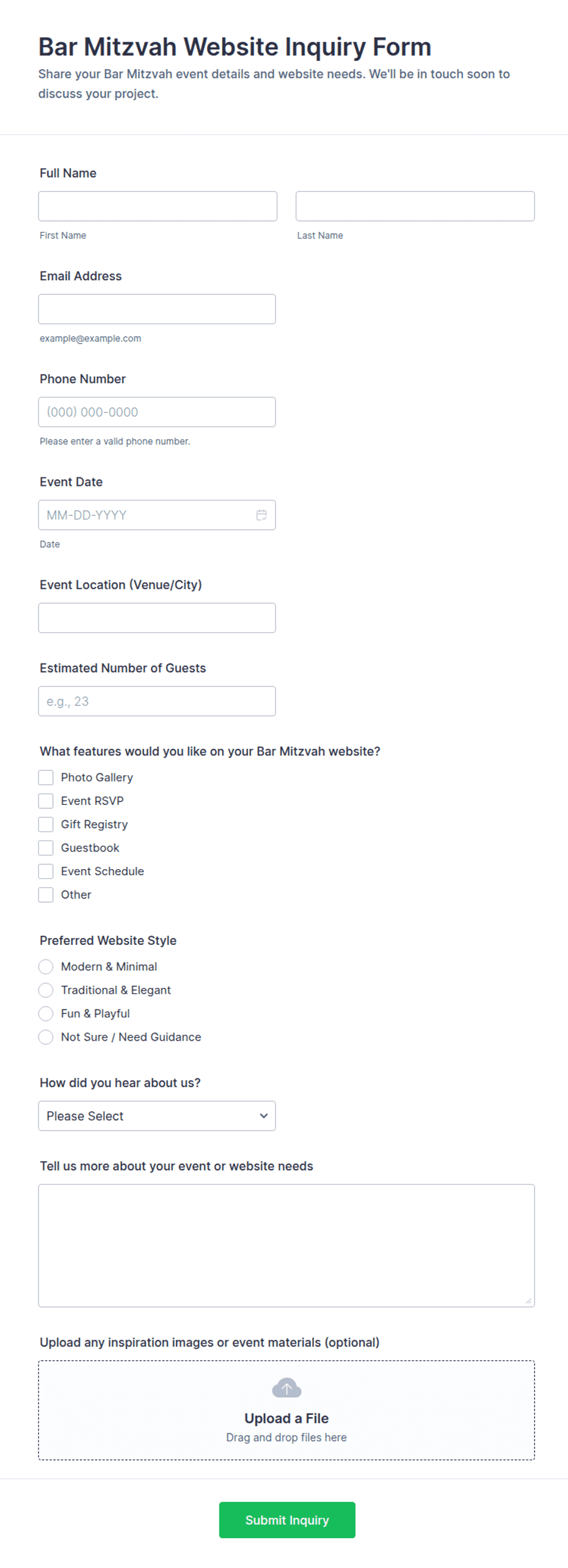 Bar Mitzvah Website Inquiry Form Template | Jotform