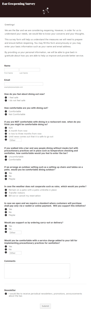 Bar Reopening Survey Form Template