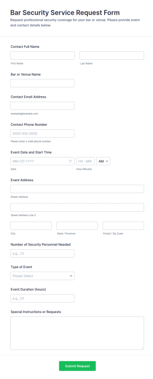 Bar Security Service Request Form Template
