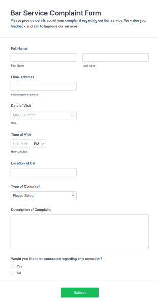 Bar Service Complaint Form Template