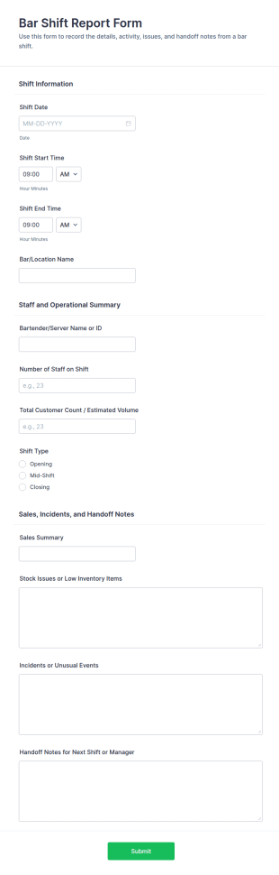 Bar Shift Report Form Template