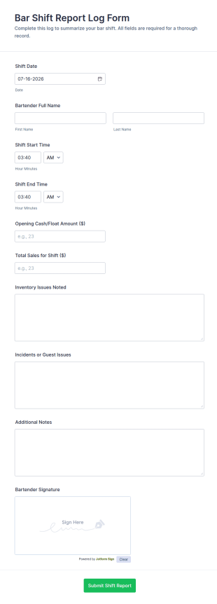 Bar Shift Report Log Form Template