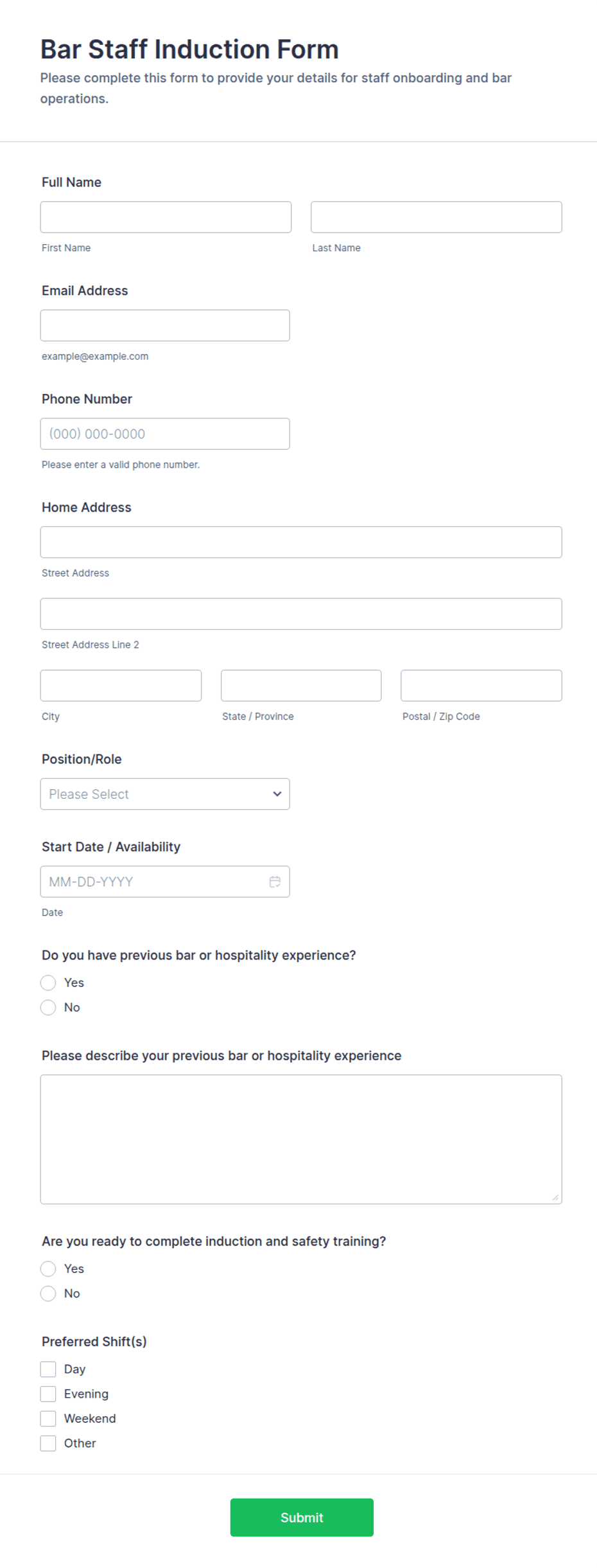 Bar Staff Induction Form Template | Jotform
