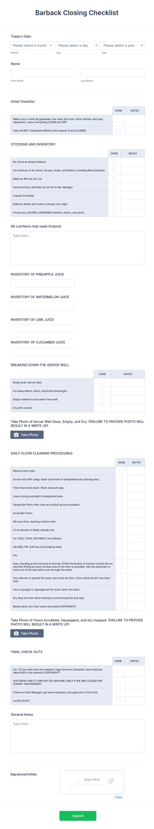 Barback Closing Checklist Form Template
