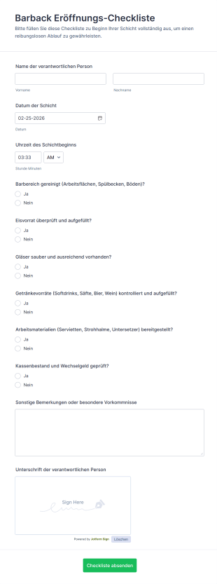 Barback Eröffnungs Checkliste