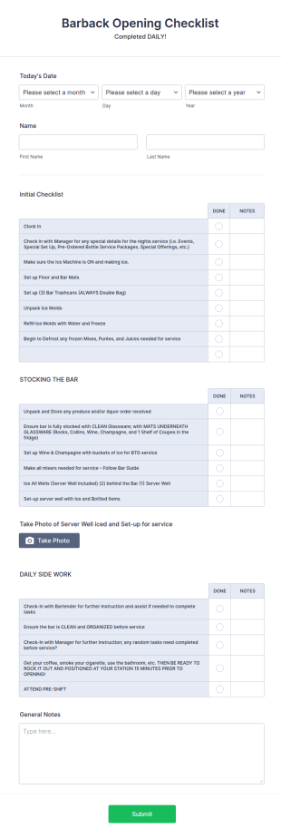 Barback Opening Checklist Form Template