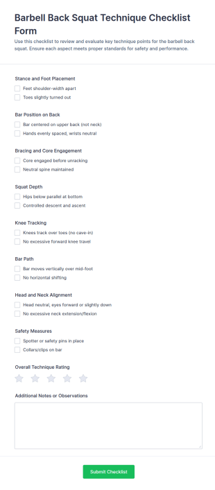 Barbell Back Squat Technique Checklist Form Template