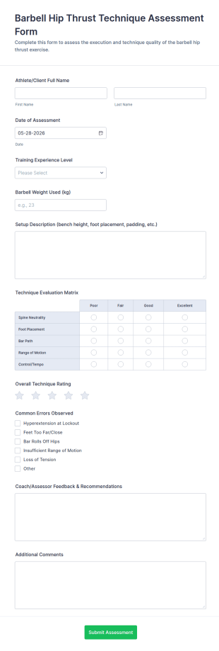 Barbell Hip Thrust Technique Assessment Form Template