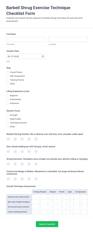 Barbell Shrug Exercise Technique Checklist Form Template