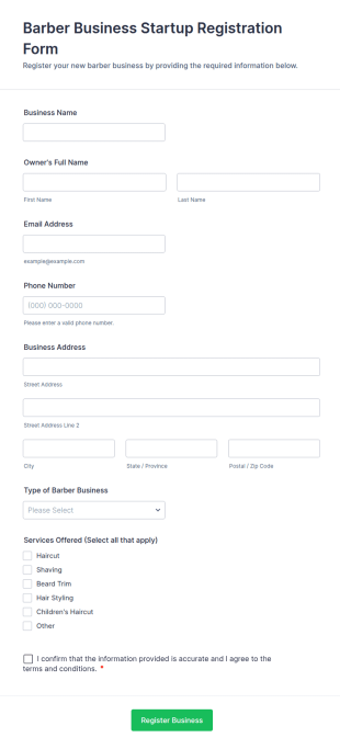 Barber Business Startup Registration Form Template