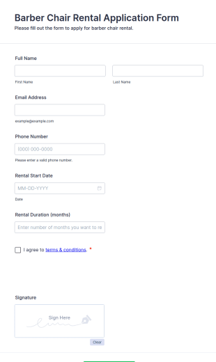 Barber Chair Rental Application Form Template