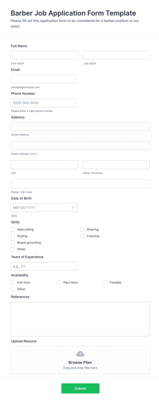 Barber Job Application Form Template