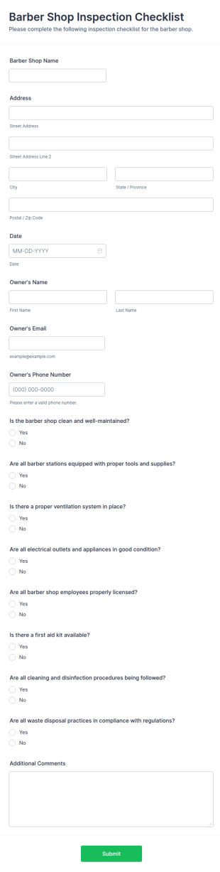 Barber Shop Inspection Checklist Form Template