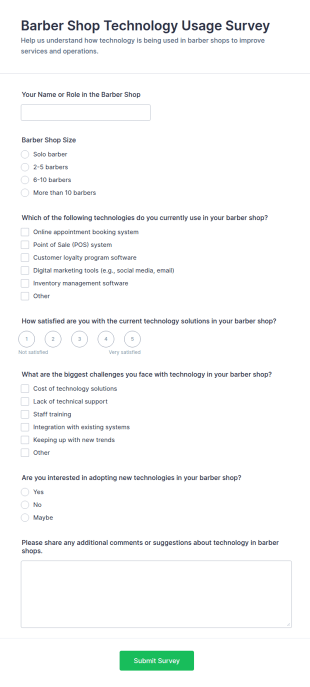 Barber Shop Technology Usage Survey Form Template