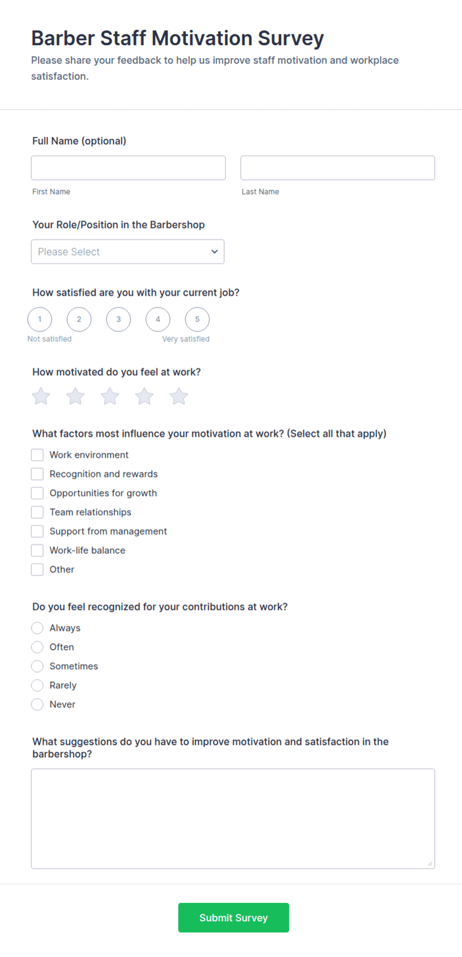 Barber Staff Motivation Survey Form Template | Jotform