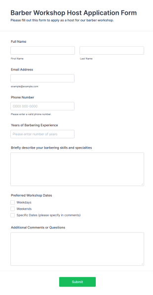 Barber Workshop Host Application Form Template