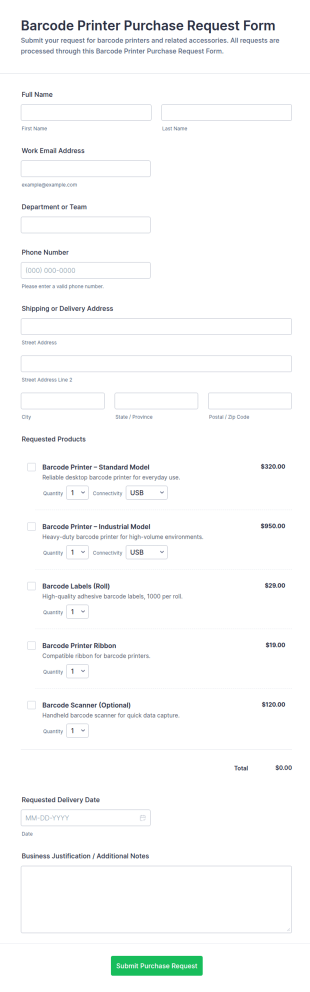Barcode Printer Purchase Request Form Template
