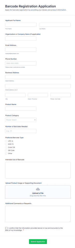 Barcode Registration Application Form Template