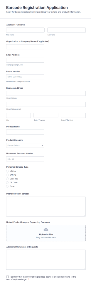 Barcode Registration Application Form Template