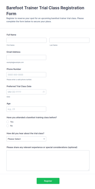 Barefoot Trainer Trial Class Registration Form Template
