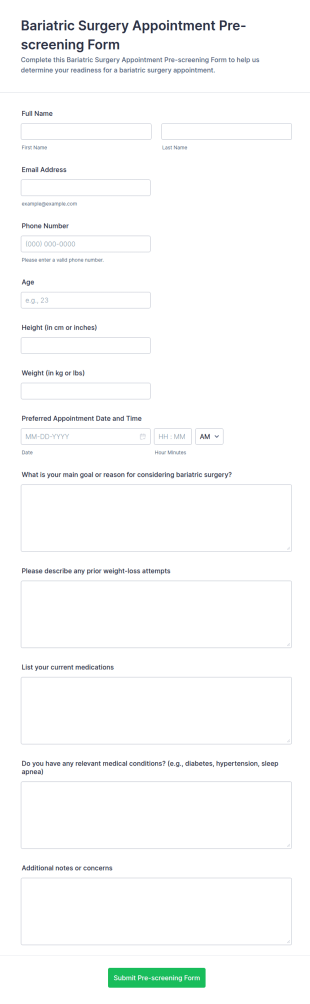 Bariatric Surgery Appointment Pre Screening Form Template