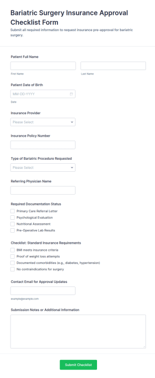 Bariatric Surgery Insurance Approval Checklist Form Template