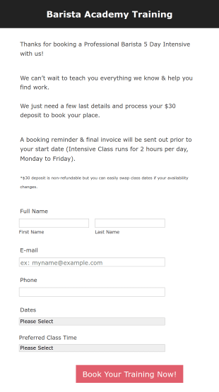 Barista Training Booking Form Template
