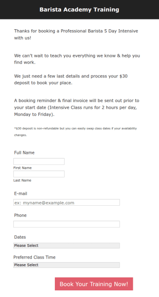 Barista Training Booking Form Template