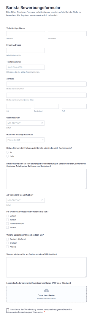 Barista Bewerbungsformular