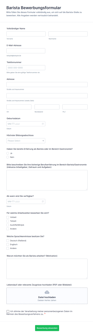 Barista Bewerbungsformular