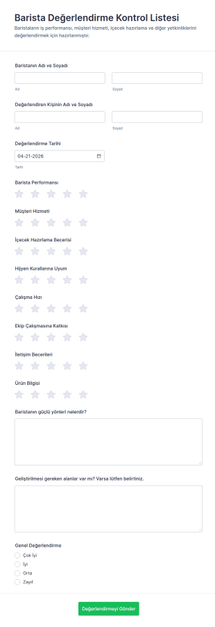 Barista Değerlendirme Anketi Form Şablonu