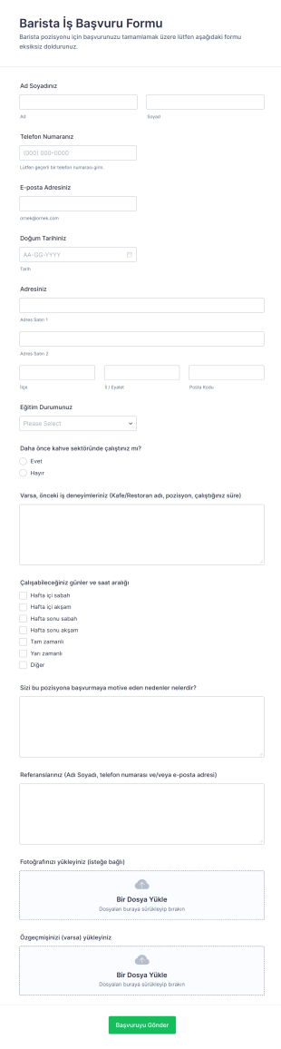 Barista İş Başvuru Form Şablonu
