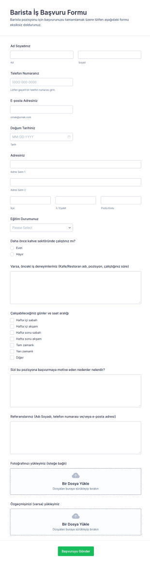 Barista İş Başvuru Form Şablonu