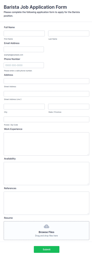 Barista Job Application Form Template