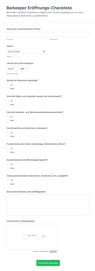 Barkeeper Eröffnungs Checkliste