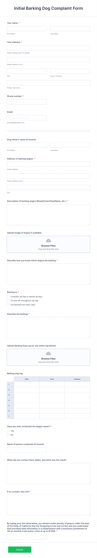 Barking Dog Complaint Form Template