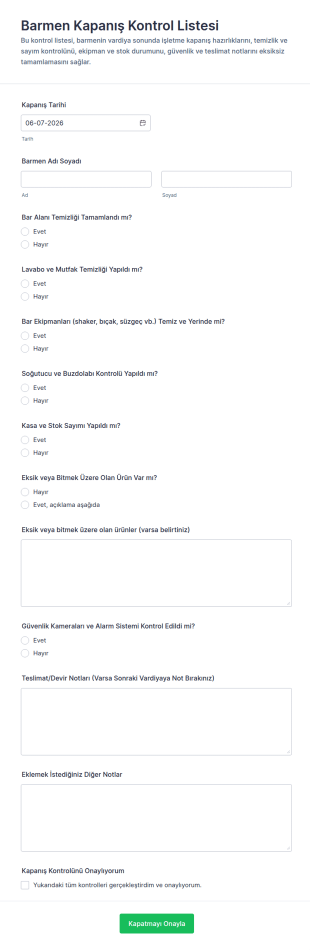 Barmeni Kapanış Kontrol Listesi Form Şablonu