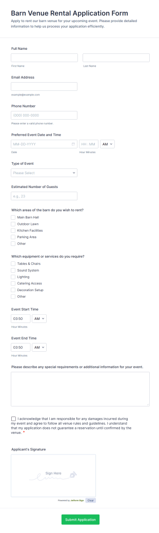 Barn Venue Rental Application Form Form Template