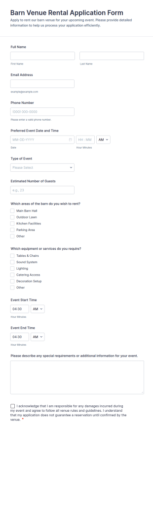 Barn Venue Rental Application Form Template