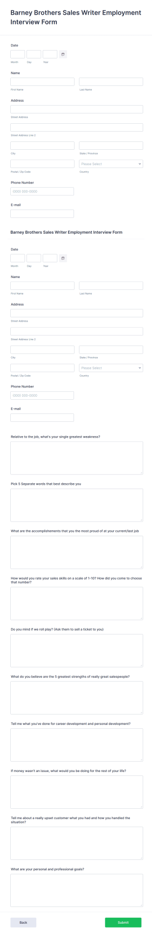 Sales Employment Interview Form Template