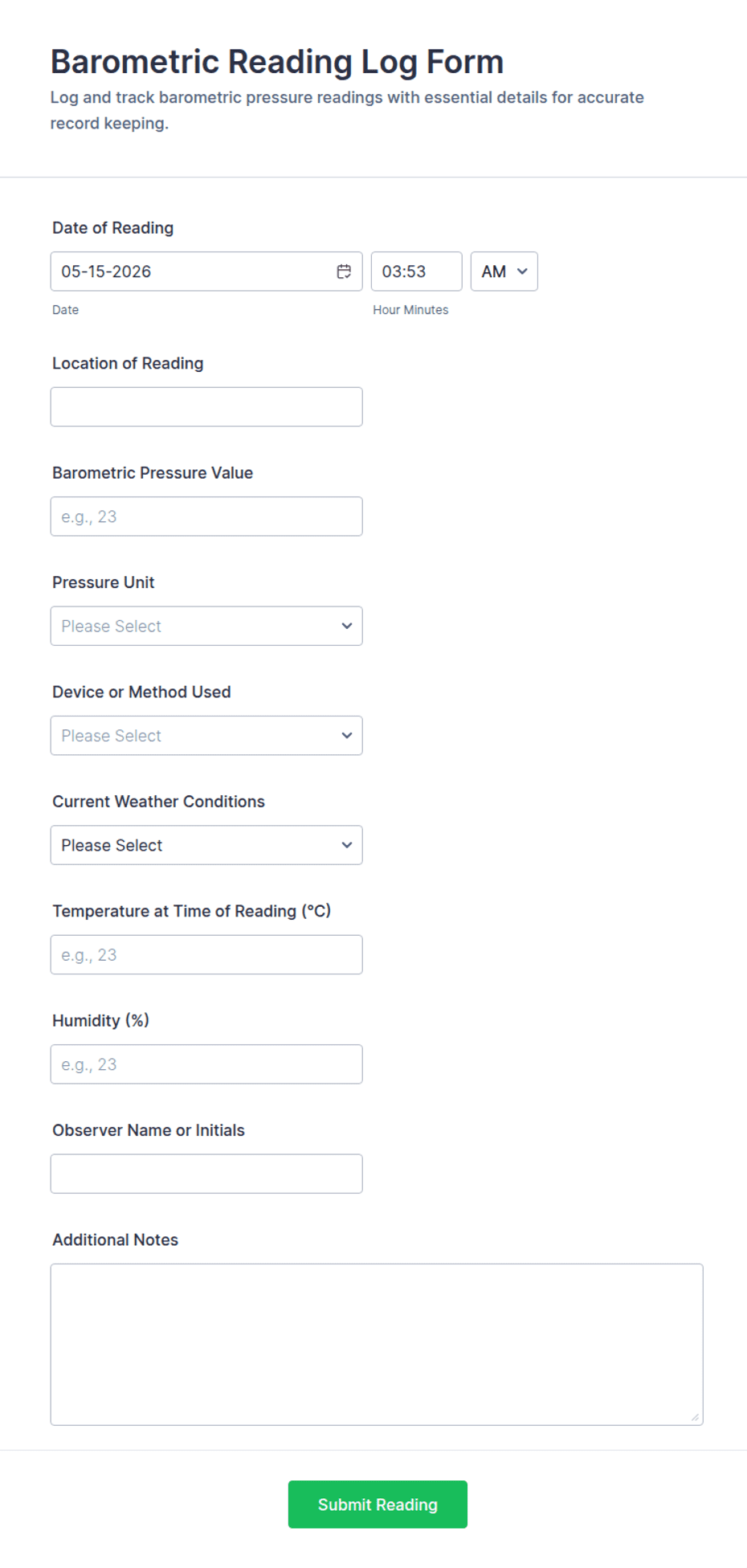 Barometric Reading Log Form Template | Jotform