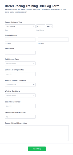 Barrel Racing Training Drill Log Form Template