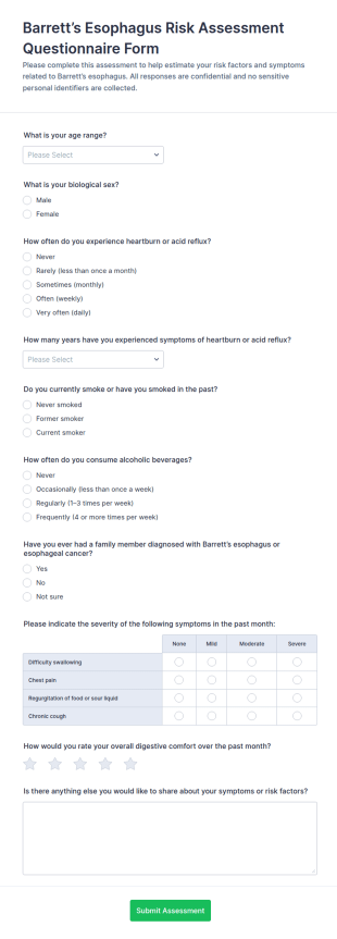 Barrett’s Esophagus Risk Assessment Questionnaire Form Template
