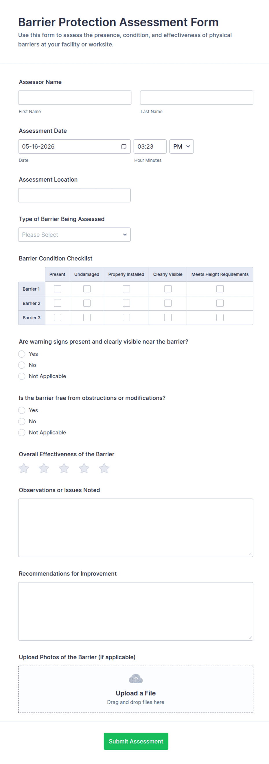 Barrier Protection Assessment Form Template | Jotform