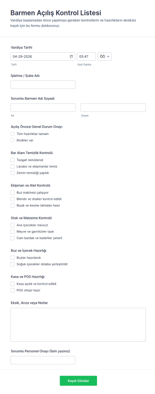 Bartender Açılış Kontrol Listesi Form Şablonu