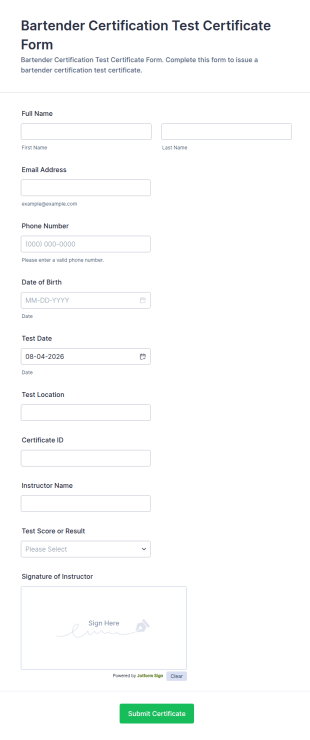Bartender Certification Test Certificate Form Template