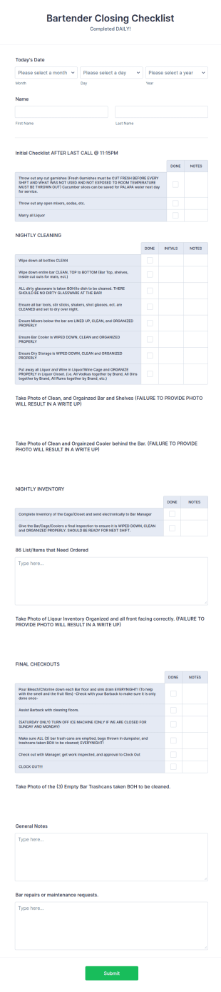 Bartender Closing Checklist Form Template