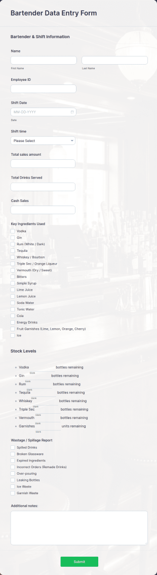 Bartender Data Entry Form Template