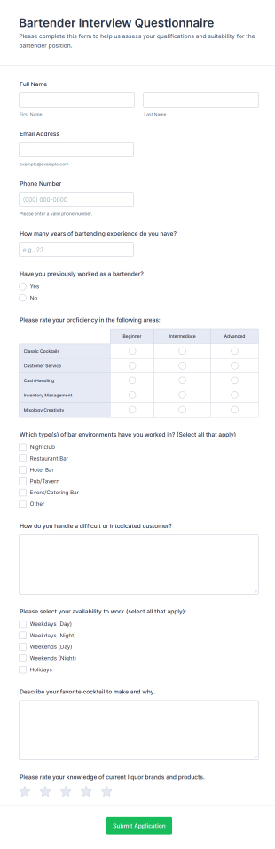 Bartender Interview Questionnaire Form Template