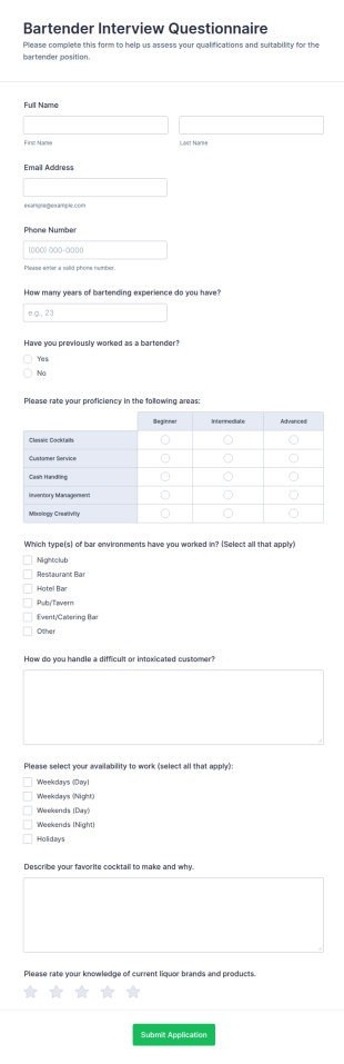 Bartender Interview Questionnaire Form Template